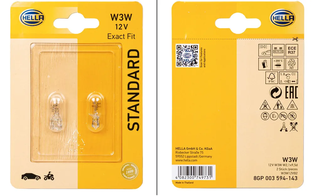 Hella W2,1x9,5d W3W Standard Glühlampe Blink- / Positions- / Kennzeichen- / Schluss- / Innenraum- / Begrenzungs- / Handschuhfachleuchte 2er-Set 12 V / 3 W Must-Have