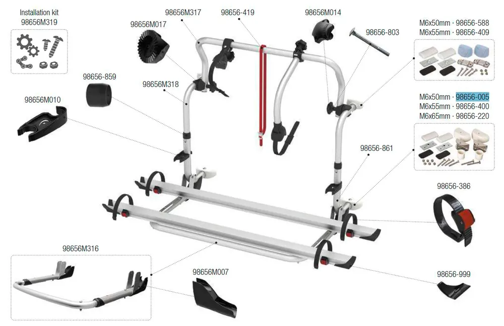 Preisreduziert Fiamma Unteres Befestigungskit M6 x 50 mm passend für Carry Bike C L80 / L80 / Pro C Knaus-Eiffeland / Trigano-Ci-Roller Team - Fiamma Ersatzteilnummer 98656-005