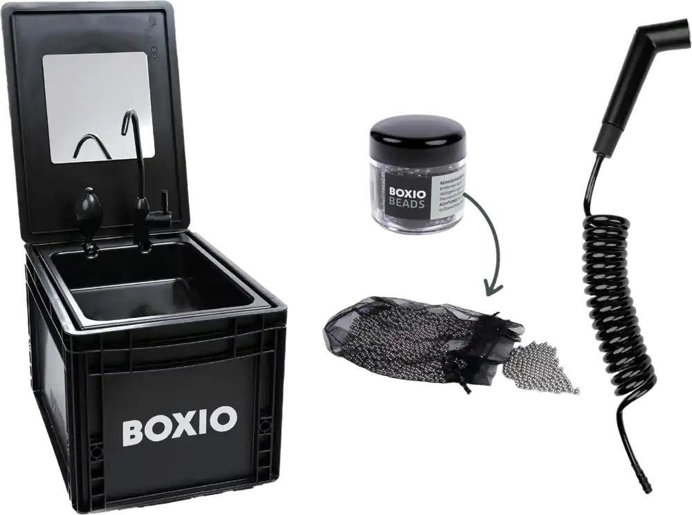 Solange Der Vorrat Reicht Boxio Wash Plus Mobiles Waschbecken Starter Set bestehend aus Boxio Wash / Shower / Beads / Mirror