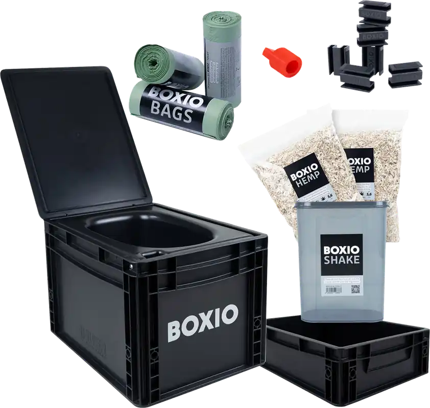 Preisknaller Boxio Toilet Max Plus Trenntoilette Komplettset bestehend aus Toilet / Solo-Up / Plug / 2 x Hanfstreu / 3 x Bags / Shake / 6 x Clips