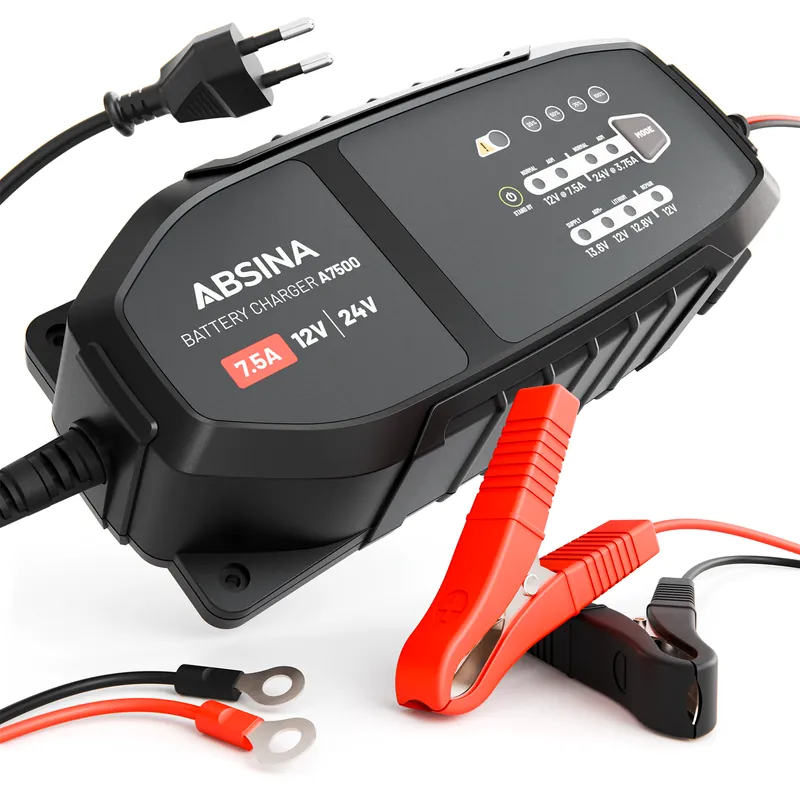 Absina vollautomatisches 10-Stufen-Ladegerät A7500 mit einstellbarem Ladestrom für Fahrzeuge 12 V / 24 V / 3,75 - 7,5 A Billig
