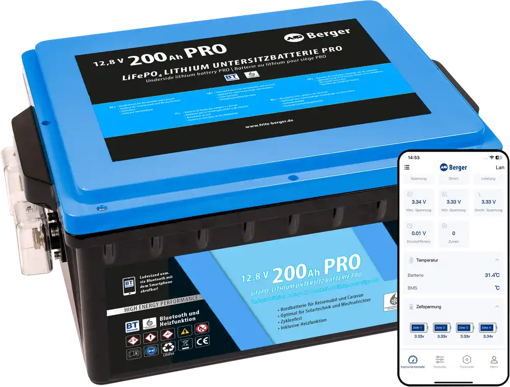 Super-Preis Berger LiFePO4 Lithium Untersitz Batterie Pro 200 Ah 12 V mit Bluetooth & Heizung