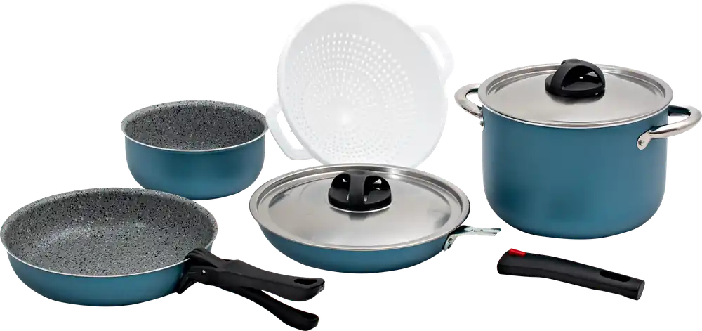 Berger Stone Topfset blau-matt aus Aluminium 8-tlg. abnehmbare Griffe Sichere Zahlung