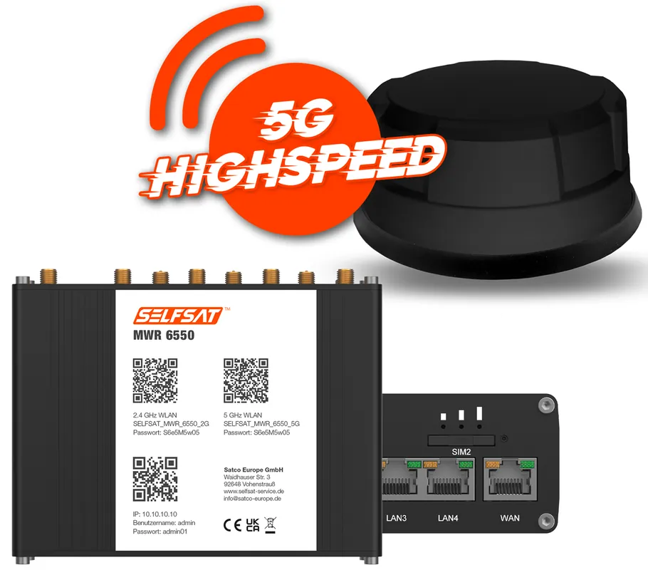 Markenware Selfsat 5G Cat 19 WiFi 6 WLAN Router MWR 6550 bis 3,4 Gbps inkl. Panorama Antenne