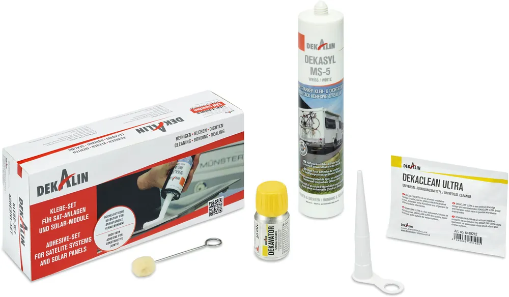 Neuheit Dekalin Klebeset für Sat-Anlagen und Solarmodule (Dekasyl MS-5, Dekavator, Reinigungstuch-Set & Wollfilz-Applikator)