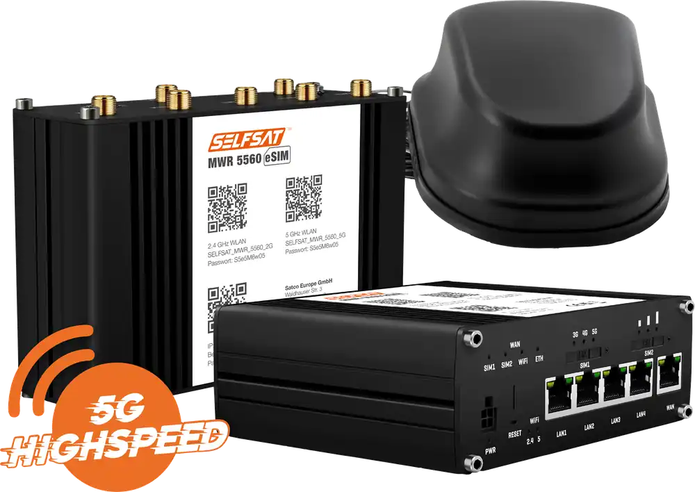Kracherpreis SELFSAT MWR 5560 WLAN Router eSIM 5G Cat 20 bis 3,4 Gbps inklusive SELFSAT 5G Antenne