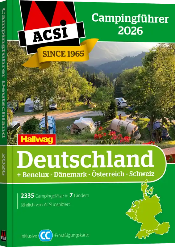 Günstig ACSI Campingführer Deutschland / Benelux / Dänemark / Österreich / Schweiz 2026 mit CampingCard Ermäßigungskarte