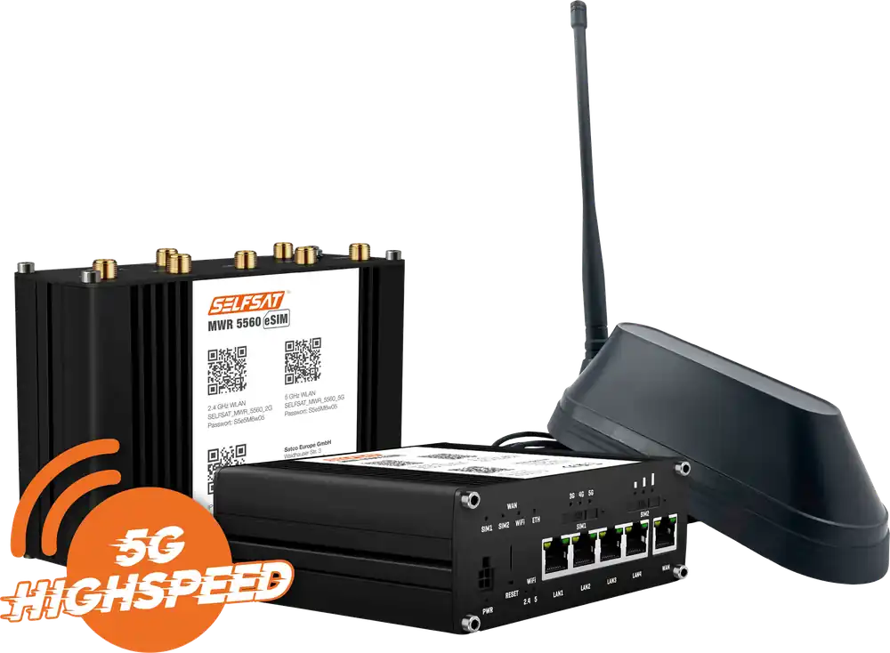 Selfsat MWR 5560 eSIM 5G Cat 20 WLAN Router mit SHARK 5G Dachantenne bis 3,4 Gbps Markenprodukt
