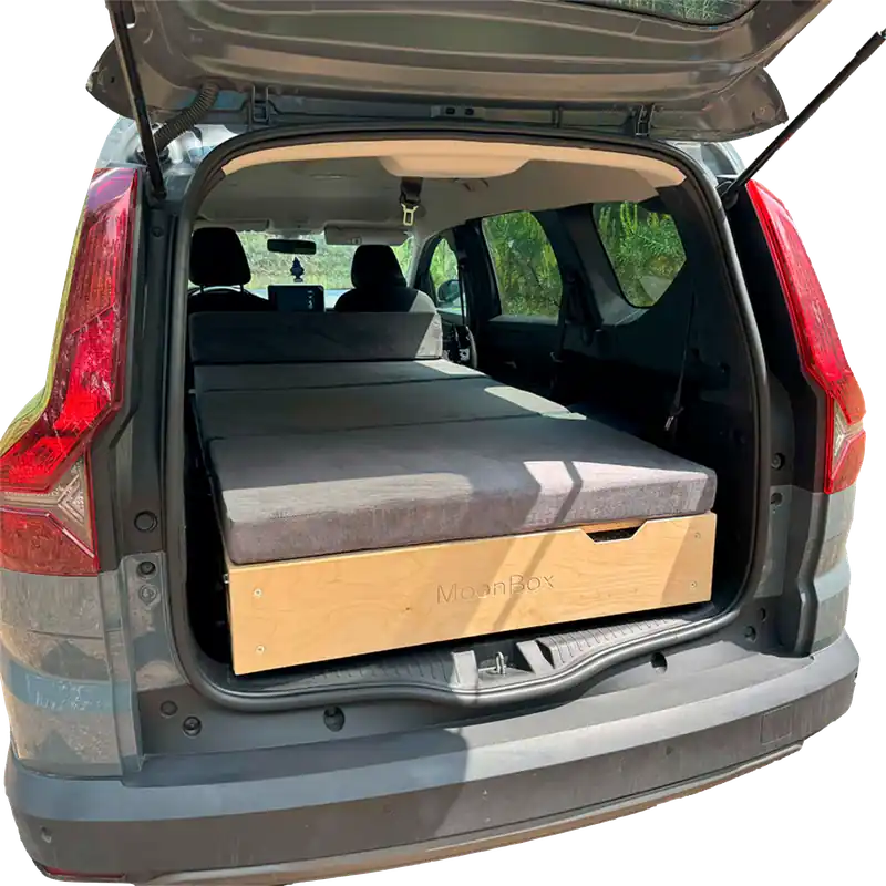 Moonbox Slim Campingbox für Kombis, SUVs und Vans ink. 3-teiliger Schlafauflage, Spülausrüstung und Gaskocher 173-190 x 91 x 23-44,5 cm Wochenendangebot