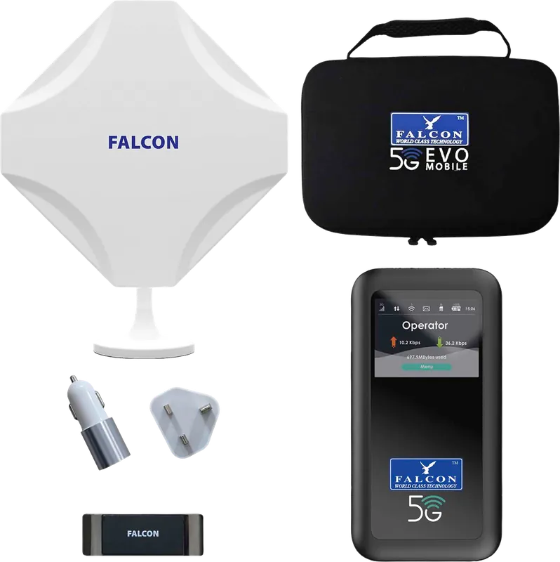 Zertifiziert Falcon Evo 5G Mobile Deluxe Internetantenne mit tragbarem Router und bis zu 3400 Mbit/s Geschwindigkeit