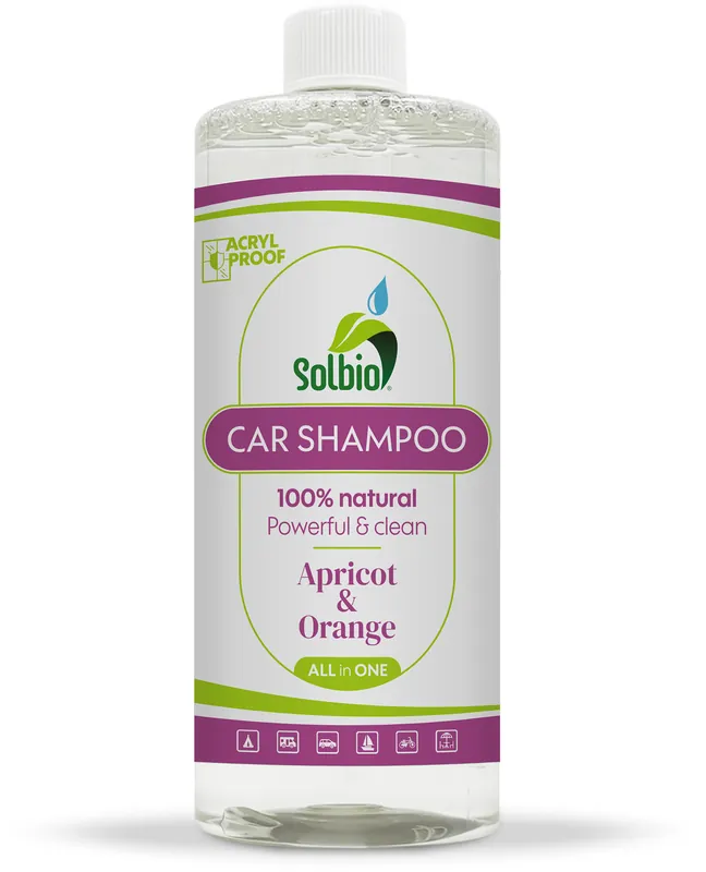 Neue Kollektion Solbio All-in-One natürliches Car-Shampoo zur Reinigung von Wohnwagen / Zelte / Markisen / Boote / Fahrräder mit Aprikosen- und Orangenduft 1 Liter
