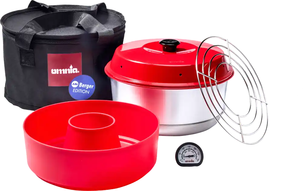 Omnia x Fritz Berger Campingbackofen 3 Liter Set 5-tlg. inkl. Silikonbackform, Aufbackgitter, Transporttasche & Thermometer Letzte Chance
