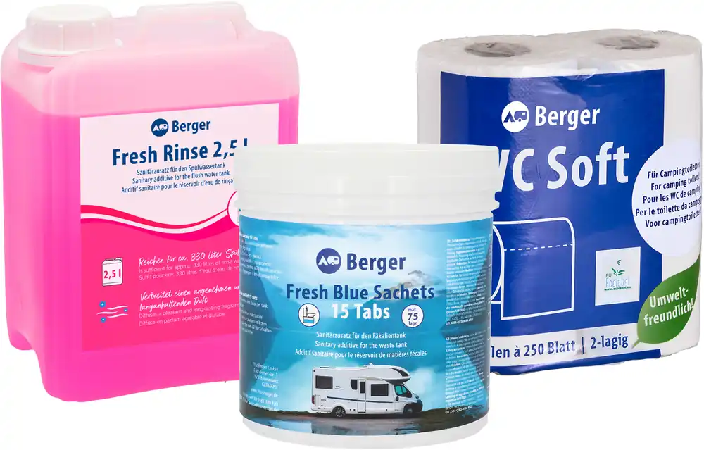 Berger Sanitär Set 3-teilig inkl. Fresh Blue Sachets + Fresh Rinse 2,5 l + WC Soft Toilettenpapier Jetzt Bestellen