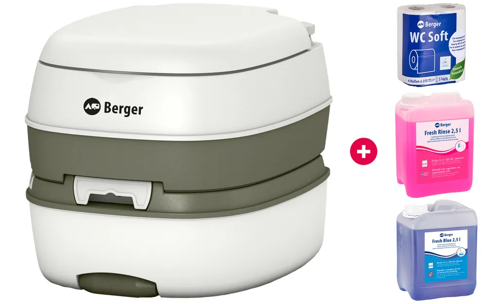 Berger Nolira Deluxe Mobil WC Starter-Set mit Campingtoilette, Toilettenpapier und Sanitärflüssigkeiten Markenprodukt