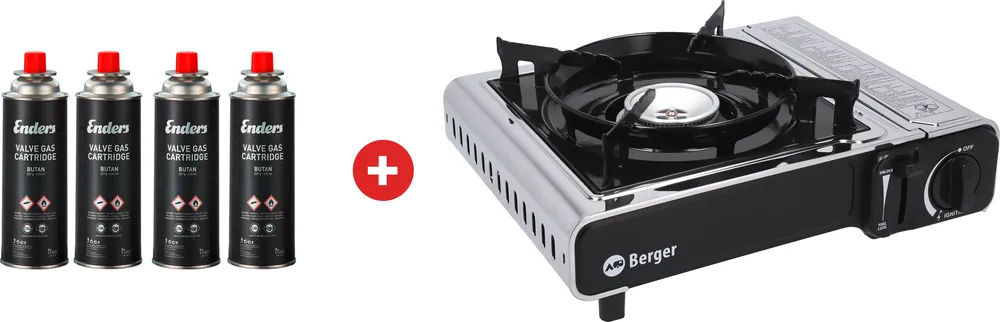 Berger Stromboli Gaskocher Kartuschenkocher 2,2 kW mit Koffer inkl. 4 x 227 g Enders Gaskartuschen Super-Preis