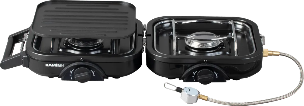 Must-Have KaminX PB78 klappbarer 2-flammiger Kartuschen-Gaskocher mit Grillplatte