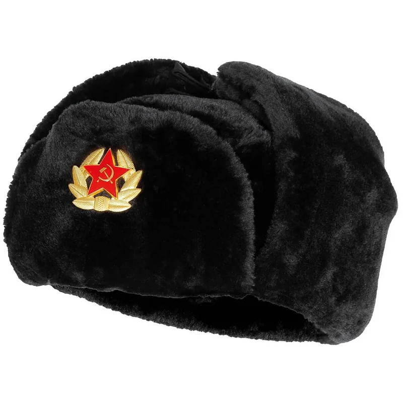 Russische Fellmütze mit Abzeichen schwarz Preiswert