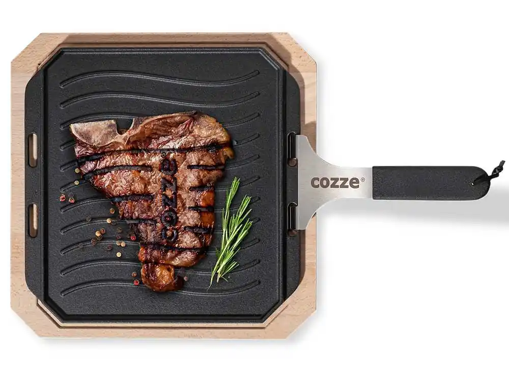 Cozze Gusseisenpfanne mit Bambus Servierbrett, 30 x 30 cm Begrenztes Angebot