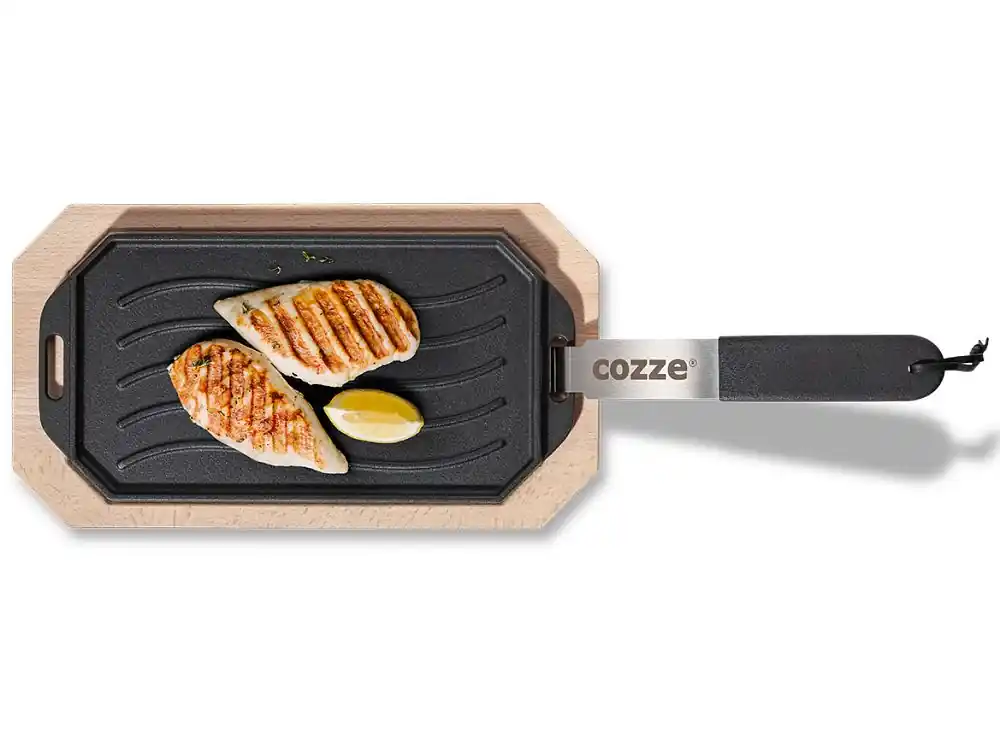 Cozze Gusseisenpfanne mit Bambus Servierbrett, 33 x 16,5 cm Neu